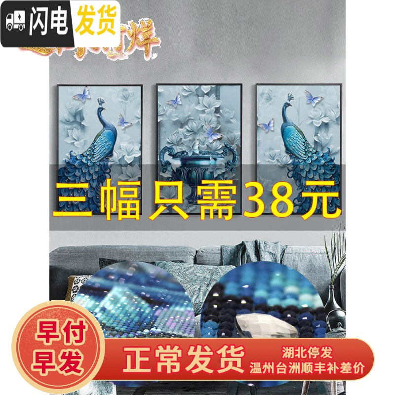 三维工匠2019年新款5d异形钻石画满钻带框客厅三联画孔雀十字绣自己 玉兰孔雀三联异形钻[135*60厘米]送工具包2套