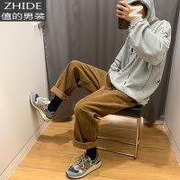 SUNTEK盐系咖色西装裤男拖地阔腿休闲长裤日系oversize古着感灯芯绒裤子西裤
