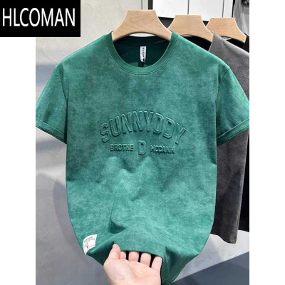 HLCOMAN欧货潮牌复古印花短袖T恤男士夏季2024年新款透气痞帅风修身体恤