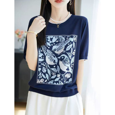冰丝圆领针织短袖夏季新款撞色小鸟印花打底衫百搭显瘦五分袖上衣