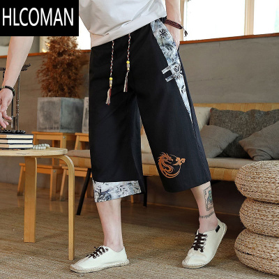 HLCOMAN中国风短裤男士夏季冰丝薄款中式宽松七分裤直筒休闲潮流运动马裤