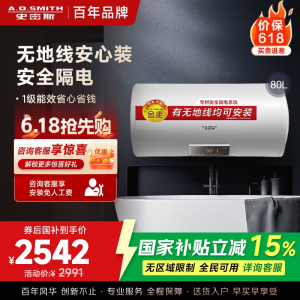 AO史密斯80升电热水器 无地线可安装 专利安全隔电 金圭内胆 速热节能 一键中温保温E80VDS 预约洗浴