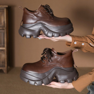 头层牛皮秋季新款厚底松糕英伦风休闲老爹鞋增高前系带女鞋