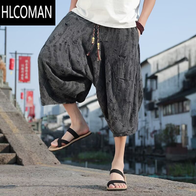 HLCOMAN特大码胖子潮流破洞七分裤男夏季潮牌中国风短裤宽松休闲阔腿中裤