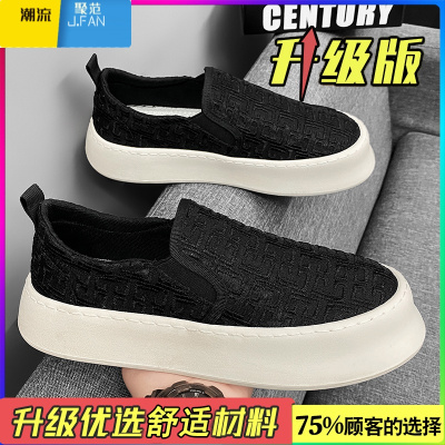 聚范帆布男鞋夏季透气冰丝懒人鞋一脚蹬工作布鞋厚底黑色运动休闲板鞋