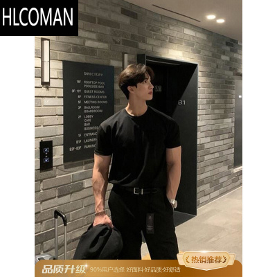 HLCOMAN黑色正肩收袖口t恤夏季成熟稳重男装内搭短袖显肌肉健身半袖