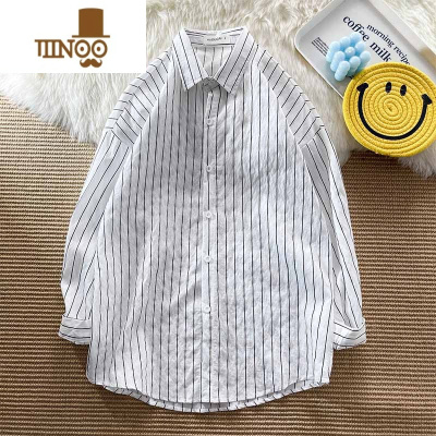 YANXU夏季薄款条纹衬衫男长袖ins港风日系休闲百搭复古情侣学生上衣潮