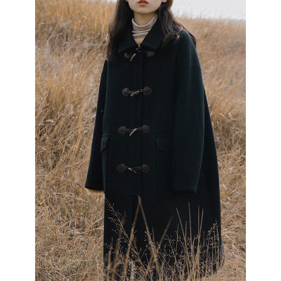 FISHBASKET黑色角扣大衣女胖mm中长款韩版2020加厚茧型小个子毛呢外套毛呢外套
