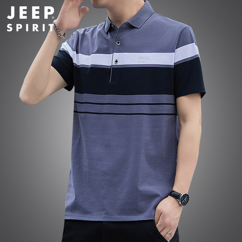 JEEP SPIRIT新款男士短袖T恤条纹polo衫商务休闲翻领宽松