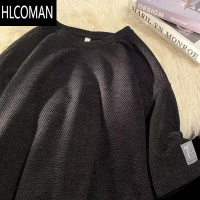 HLCOMAN大码300斤港风复古高街华夫格圆领短袖t恤男夏季潮牌宽松体恤上衣
