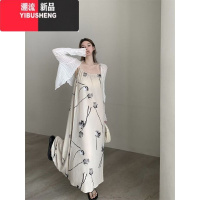 YIBUSHENG2024新微胖MM/孕妈妈~宽松慵懒水墨吊带长裙 遮肚显瘦连衣裙 女