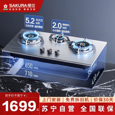 樱花(SAKURA)燃气灶JZY-N601S液化气三眼 嵌入式猛火灶家用不锈钢面板灶具灶台5.2kW大火力一级能效