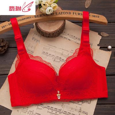 内衣少女士无钢圈聚拢性感蕾丝文胸本命年大红色加厚款上托小胸罩费琳胸罩