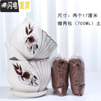 三维工匠花盆陶瓷带托盘一组两个大号盆带土简约家用绿萝多肉花盆 88024棕两个大+土2包 大花盆容器