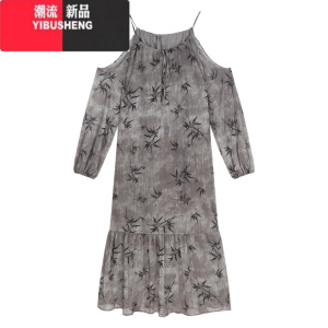 YIBUSHENG复古印花露肩吊带长袖连衣裙女季气质chic长裙小众宽松a字裙子