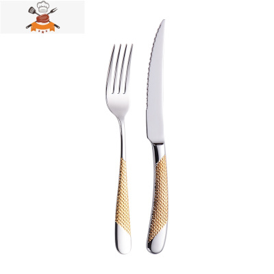 欧式加厚牛排刀叉勺子三件套 西餐餐具家用304不锈钢刀叉套装 敬平 金银色星钻餐刀+餐叉