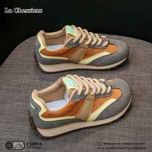 La Chessiers加绒户外跑步鞋女2025春秋冬季新款网面透气厚底老爹鞋韩版时尚运动阿甘鞋 灰棕 37码