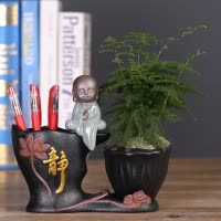 笔筒创意时尚可爱学生桌面书桌装饰办公室绿植摆件家居饰品 三维工匠 木鱼(送绿植)不含笔