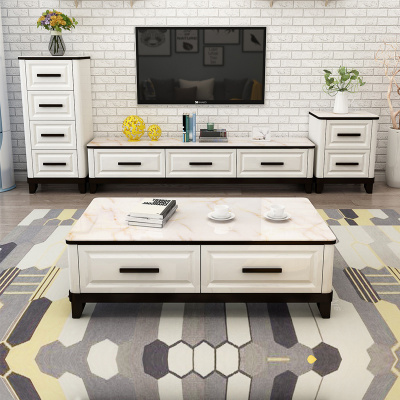 趣阁木业 电视柜 简约现代电视柜茶几组合 钢化玻璃茶几客厅家具储物柜 大理石纹理烤漆北欧时尚大小户型白色地柜矮柜