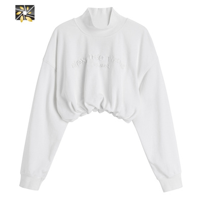 暖青汇2020秋冬装新款短款露脐收腰高领字母刺绣卫衣女高腰长袖宽松上衣卫衣