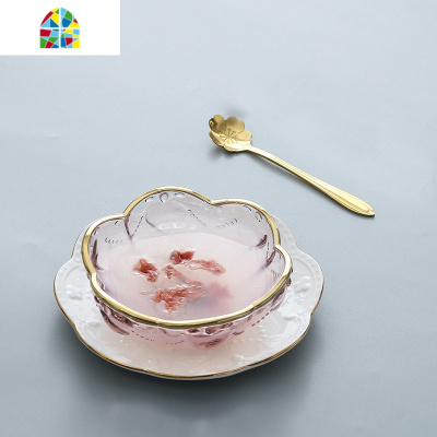 创意日式金边樱花玻璃碗 燕窝碗糖水银耳汤碗盅雪糕沙拉碗甜品碗 FENGHOU 金边透明碗+金长盘送2勺