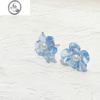 JiMiYOUJUclub-浮夸少女 幻彩蓝色超仙女花朵田园浪漫耳环蚊香盘耳夹