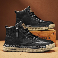 皮面马丁靴男士复古百搭工装皮鞋高帮时尚便捷拉链男鞋秋冬季