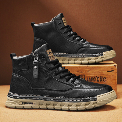 皮面马丁靴男士复古百搭工装皮鞋高帮时尚便捷拉链男鞋秋冬季