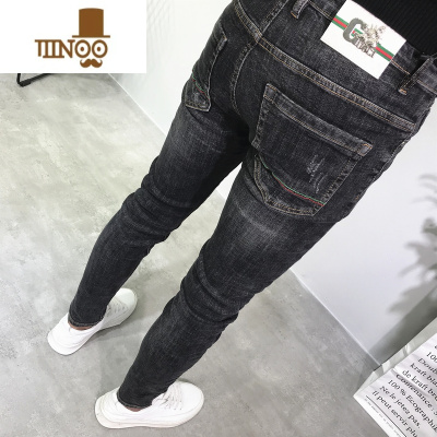 YANXU男士牛仔裤黑灰色美式简约潮牌复古青年百搭小直筒修身弹力长裤子