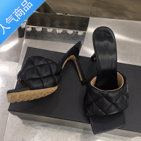 SUNTEK网红高跟鞋女细跟方头气质时尚夏季外穿半拖鞋露趾一字拖凉鞋