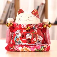 猫创意存钱罐储蓄罐发财猫陶瓷猫日式理发店开业礼品摆件 三维工匠 7寸千客万来(红色)