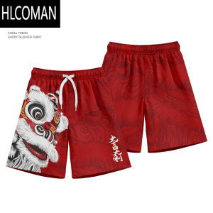 HLCOMAN2025夏季新款国潮醒狮速干短裤男中国风宽松薄款运动沙滩五分裤子