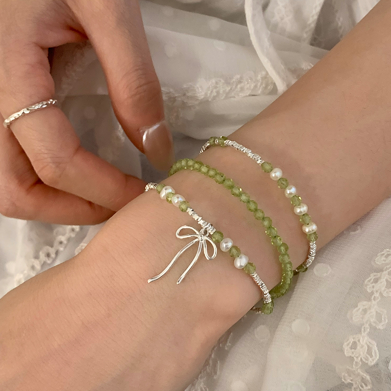 S925纯银天然橄榄石珍珠蝴蝶结手链女夏小清新手饰手串高级感
