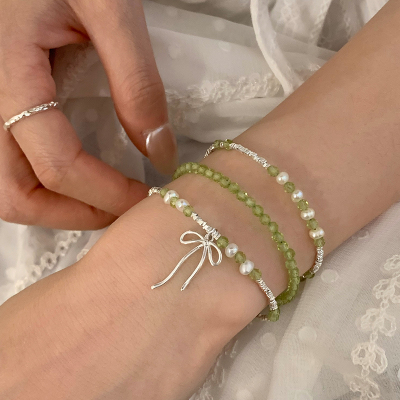 S925纯银天然橄榄石珍珠蝴蝶结手链女夏小清新手饰手串高级感送女朋友老婆情人节七夕生日礼物