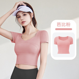 新款速干瑜伽短袖高弹修身免穿文胸跑步瑜伽服T恤