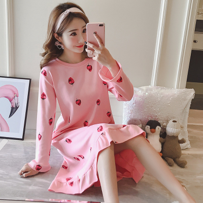 HLCOMAN长袖睡裙女春秋季棉中长款棉学生韩版宽松睡衣裙子大码夏秋冬