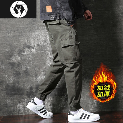 HongZun军绿色工装长裤男秋冬加绒新款潮牌宽松款休闲潮流男士束脚哈伦裤工装制服