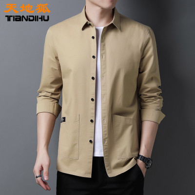 天地狐男装衬衫男2021新款春秋季棉寸衫男长袖宽松工装衬衣休闲外套A21-727