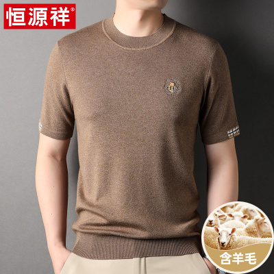 恒源祥春秋短袖t恤男士羊毛衫半高圆领纯色半袖针织打底衫上衣潮