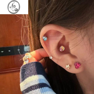 JiMi华子耳钉 爆闪圆钻彩色耳钉钛钢925银2023年新款养耳洞耳钉饰品 华子彩色耳钉五只装