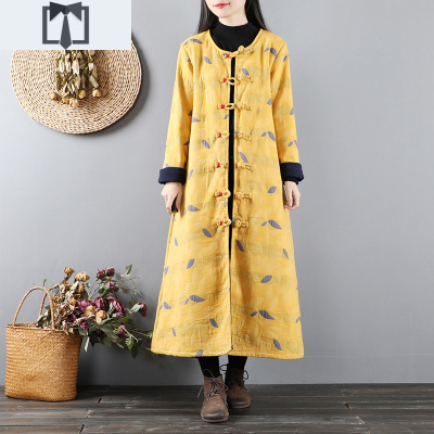 SUNTEK中国风复古文艺盘扣棉麻风衣女加厚秋冬中长款民族风中式茶服外套风衣