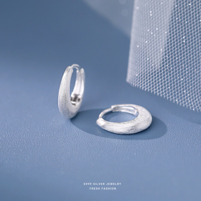 韩版几何椭圆拉丝耳环女s925纯银耳扣极简百搭时髦耳圈气质耳饰送女朋友老婆情人节七夕生日礼物