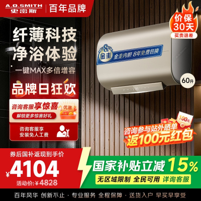 A.O.史密斯电热水器60升 超薄双胆扁桶储水式家用洗澡速热 智能控制HGE 3000W MAX增容 HGE