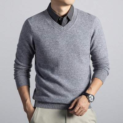 加厚400g纯羊毛假两件毛衣男秋冬季新款翻领打底羊毛衫男_248