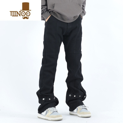 YANXUJLONE美式vibe排扣黑色牛仔裤男ins潮牌宽松微喇叭休闲裤高街裤子