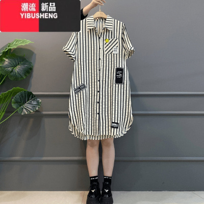 YIBUSHENG时尚韩版条纹衬衫裙女2024新款季薄款百搭字边翻领短袖连衣裙