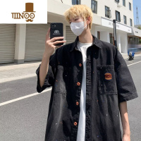 YANXU美式日系cityboy泼墨牛仔短袖衬衫外套男夏季男女情侣复古潮衬衣