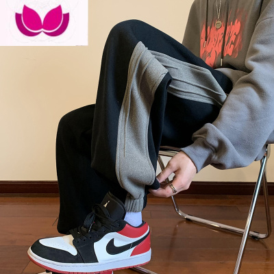 七斓潮牌拼色休闲裤男春季宽松卫裤港风复古束脚百搭直筒运动裤子