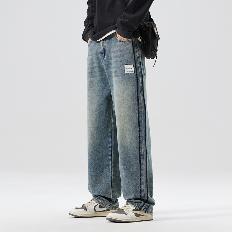 轻奢简约水洗牛仔裤舒适有型抗皱百搭休闲裤男拼接潮牌阔腿直筒裤_1
