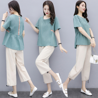 侠古晟语套装女时尚2021夏季女装宽松休闲七分阔腿裤棉麻两件套